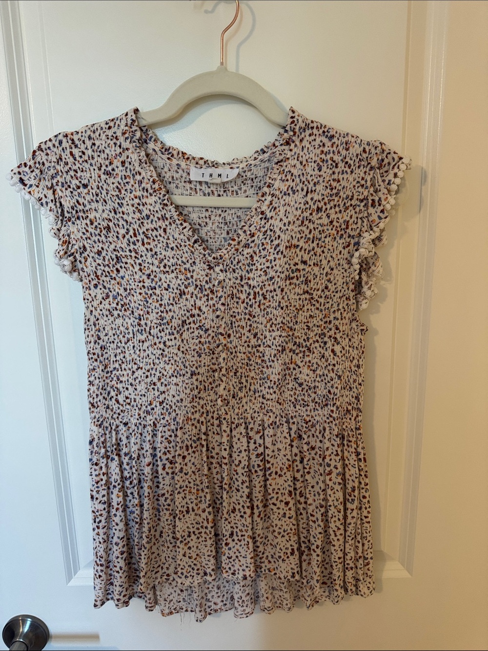 THML Girls' White Dress with Blue and Brown Dot Print